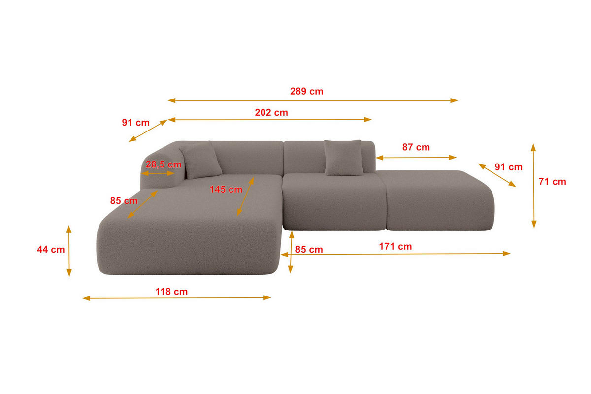 ECKSOFA Ottomane Links OVLY-L 289x176x71 Braun Bouclé - Schwarz/Braun, Holzwerkstoff/Kunststoff (176/289cm) - ALTDECOR