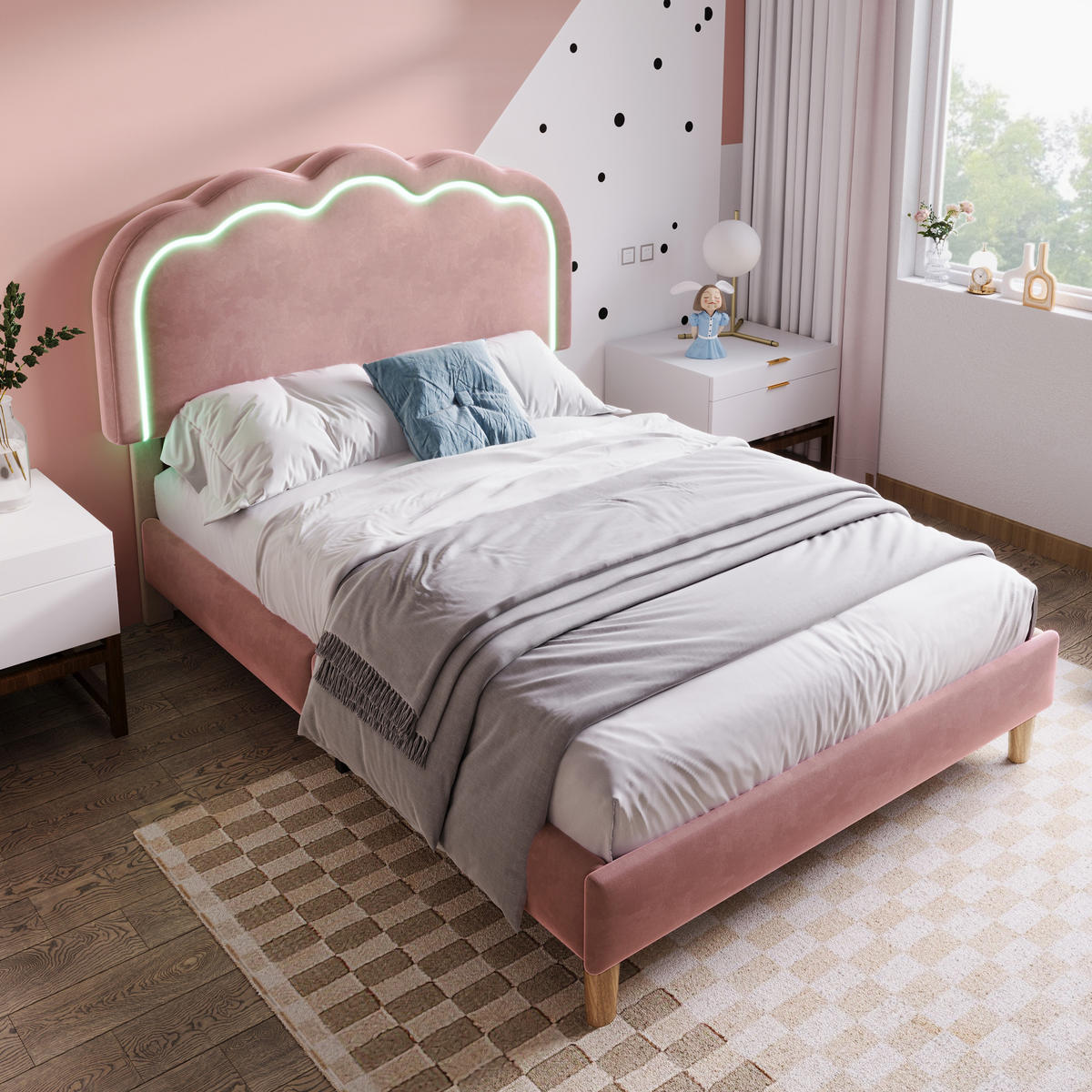 POLSTERBETT 90/190 cm mit LED-Kopfteil, verstellbarem Kopfteil und Lattenrost, Samt, Rosa - Rosa, Textil (90/90cm) - Redom