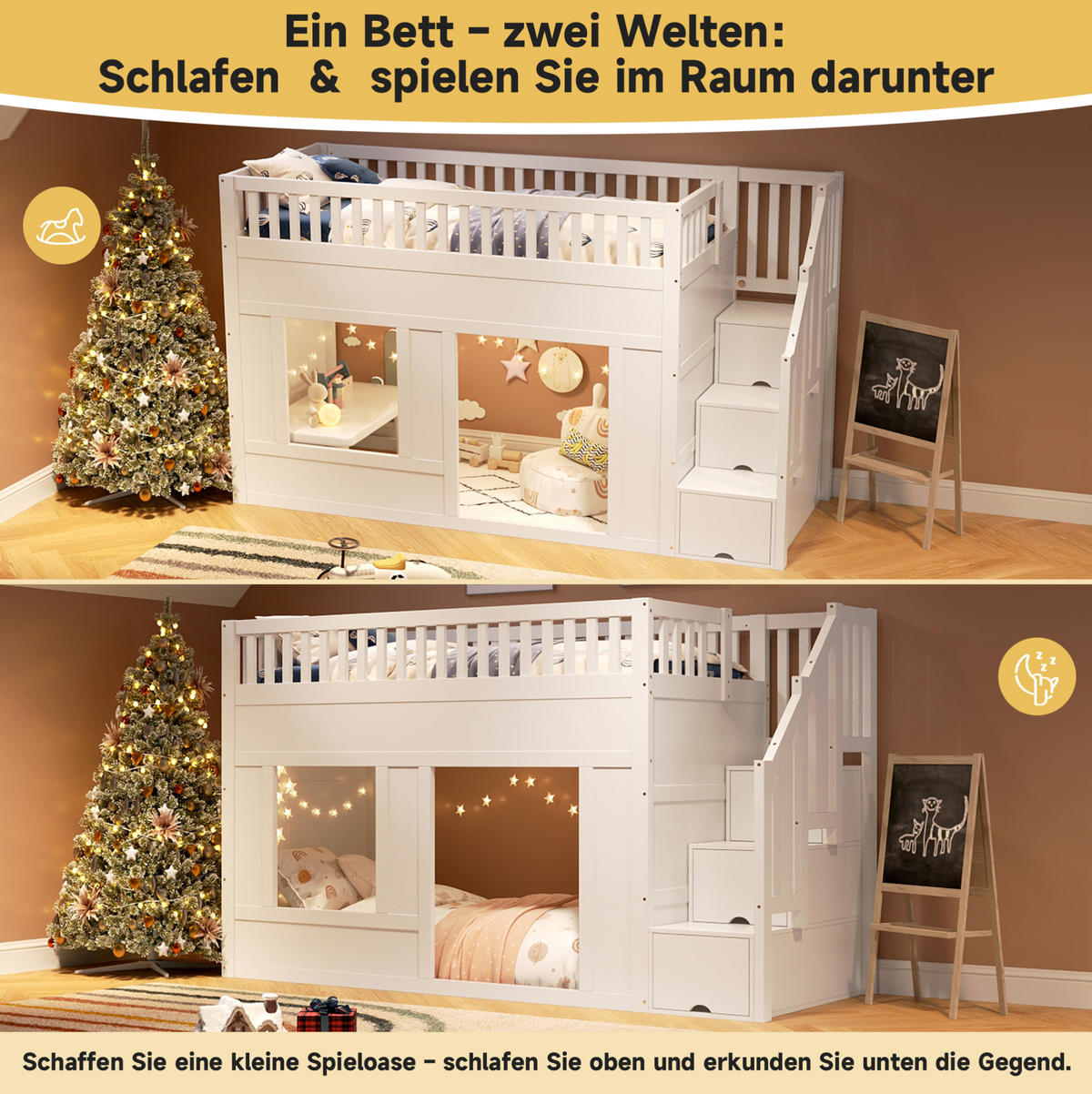 ETAGENBETT 90/200 cm weiß aus Massivholz und MDF mit Treppenschrank - Weiß, Holzwerkstoff (90/200cm) - OKWISH