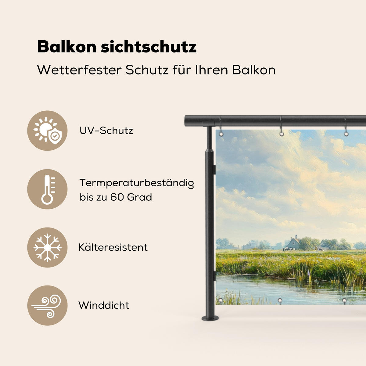 BALKON-SICHTSCHUTZ Kühe - Windmühle - Wiese - Blau - Grün, Kunststoff (200/90cm) - MuchoWow