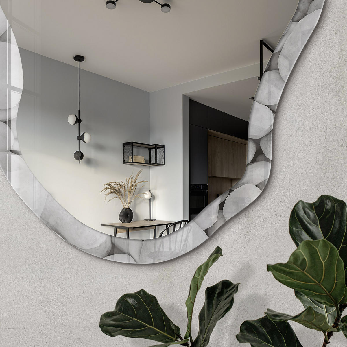 SPIEGEL 90x45 cm asymmetrisch mit Druck - Helle Steine - Transparent, Glas (45/90/0.4cm) - TULUP
