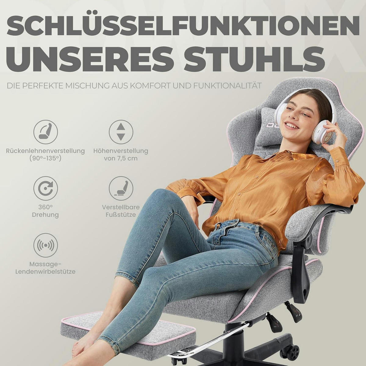 GAMING Stuhl mit Fußstütze Grau und Pink - Multicolor, Textil (60/136/57cm)