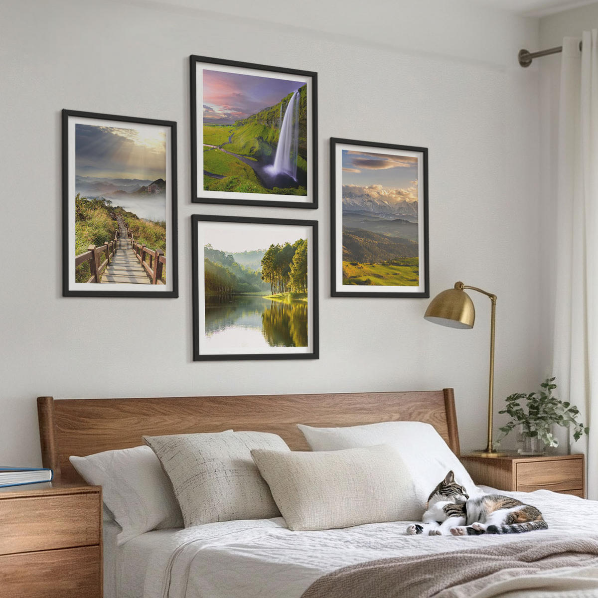 BILDER SET 4er Set - 50x50 cm & 40x60 cm Schwarzer Rahmen - Berglandschaften Wasserfall - Schwarz, Kunststoff (50/50cm) - TULUP