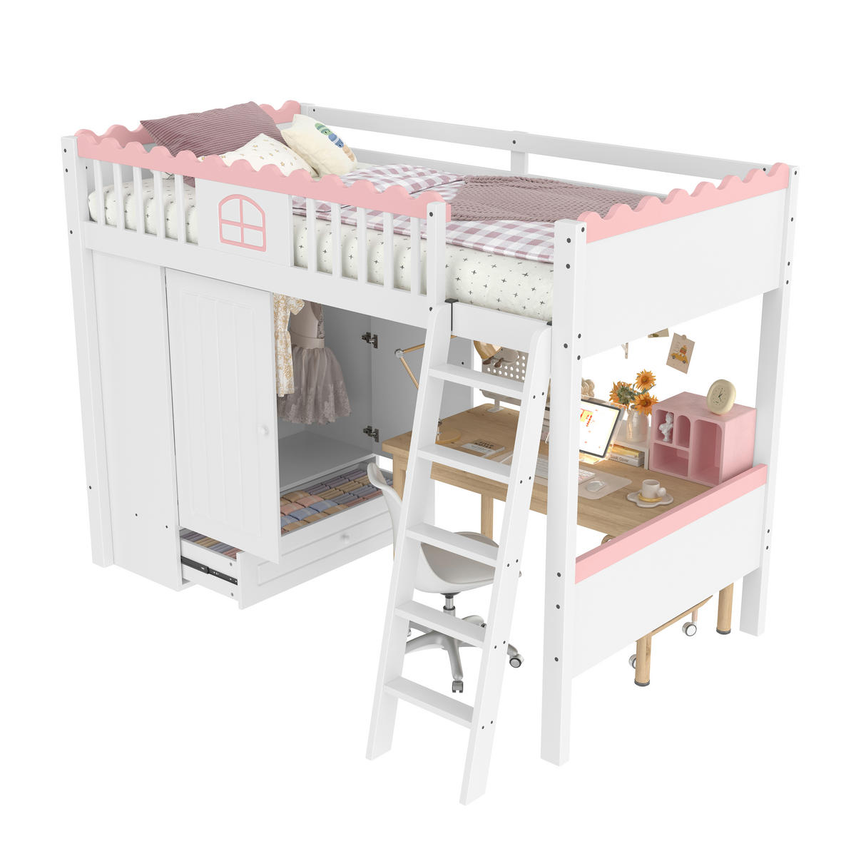 HOCHBETT 90x200cm Weiß Kiefer Kinderbett LED-Licht Kleiderschrank EN747 - Weiß, Holz (90/200cm) - FLIEKS