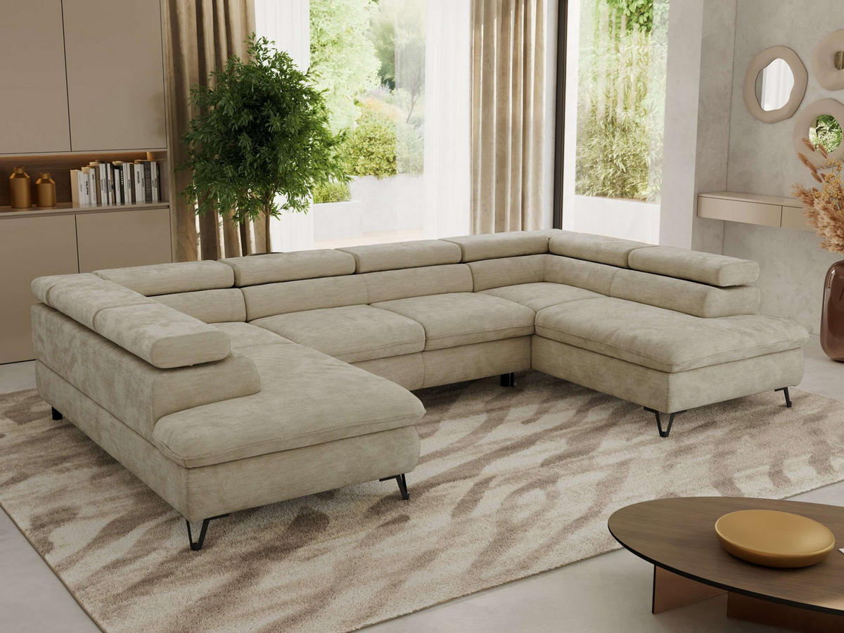 WOHNLANDSCHAFT PABLO U Schenille glatt Beige - Beige/Schwarz, Textil/Metall (346/76/208cm) - MKS