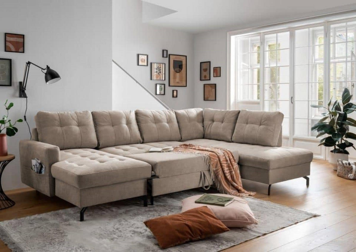 WOHNLANDSCHAFT mit Schlaffunktion und Bettkasten - Schwarz/Braun, Textil/Metall (200/92/305cm) - myHomelando