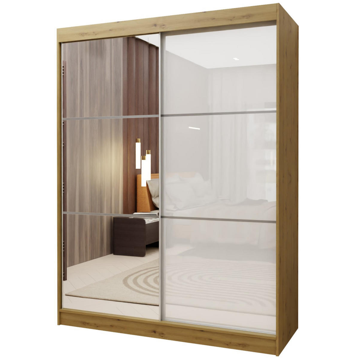 SCHWEBETÜRENSCHRANK VITALE 150/216/61 cm 2-türig mit Spiegel Eiche Artisan - Weiß/Eiche Artisan, Holzwerkstoff (150/216/61cm) - MASSENO