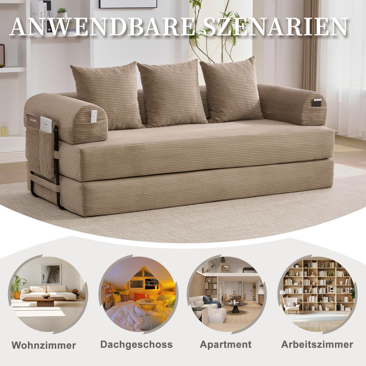 SCHLAFSOFA, Modulares Tagesbett mit Metallgestell, Klappbares Bodensofa Cordstoff, Khaki - Braun, Textil (94/67/200cm) - LVHOM