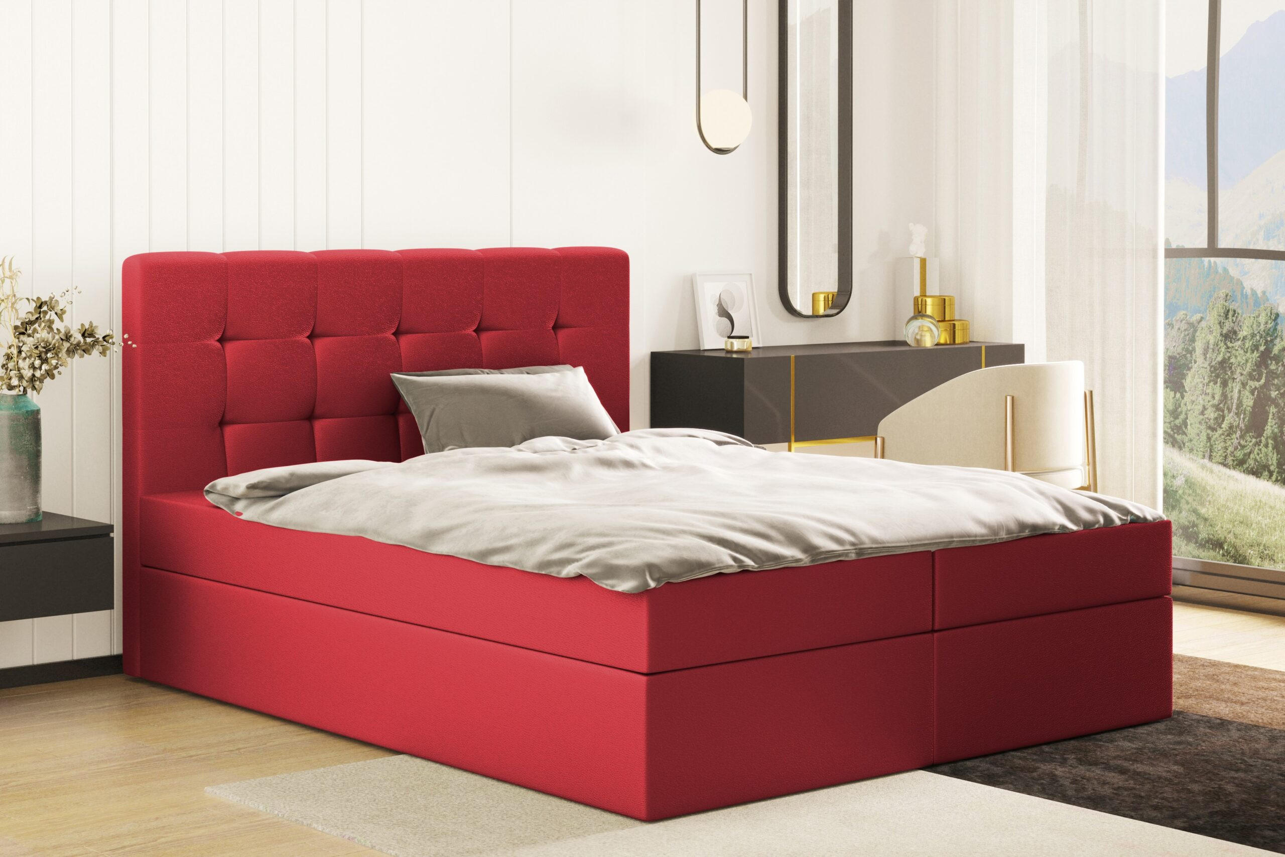 BOXBETT Mit Matratze Und Bettkasten, LUDANO Stoff Cayenne Rot 180x200 cm H2-Pocket - Rot, Holz (180/200cm) - Kaiser Möbel