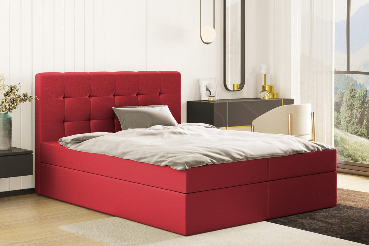 BOXBETT Mit Matratze Und Bettkasten, LUDANO Stoff Cayenne Rot 180x200 cm H2-Pocket - Rot, Holz (180/200cm) - Kaiser Möbel