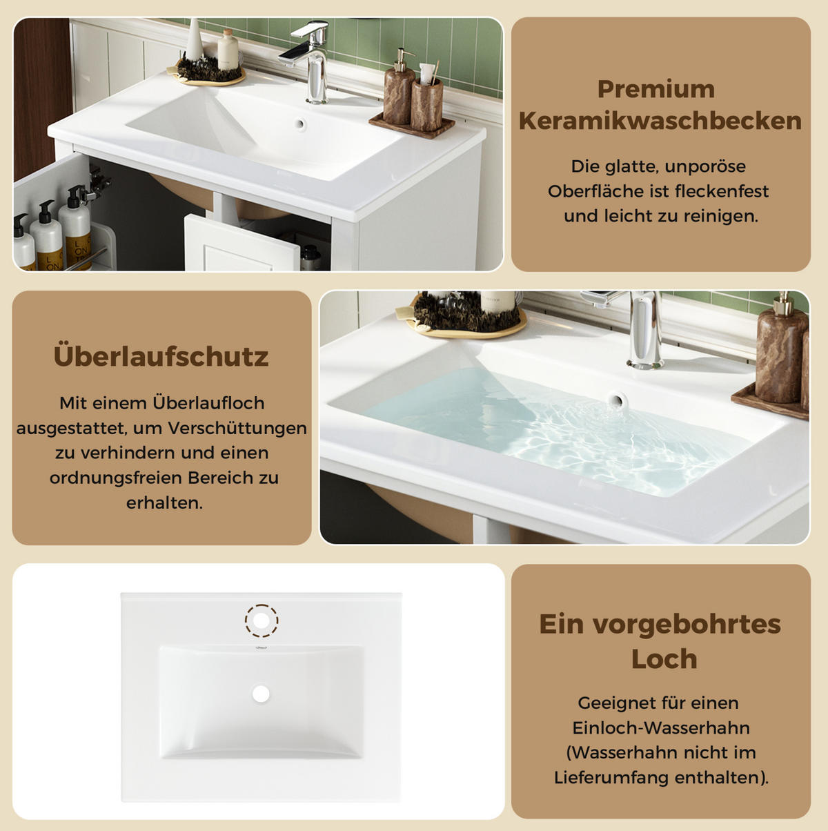 WASCHTISCHUNTERSCHRANK aus MDF und Keramik 61x47x86 cm Weiß mit 3 Schubladen, Soft-Close und Stauraum - Weiß, Keramik (61/86/47cm) - Modfu