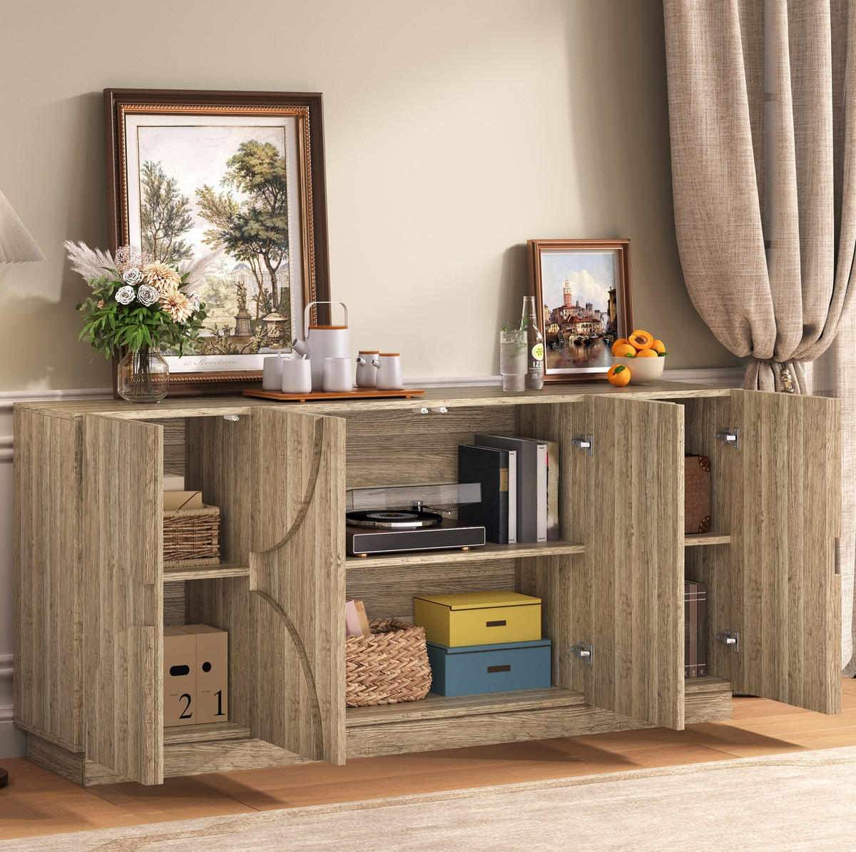 SIDEBOARD 160/40/80 cm in Natur mit Türen, Einlegeböden und Bogenfronten - Naturfarben, Holzwerkstoff (160/80/40cm) - Flora Grace
