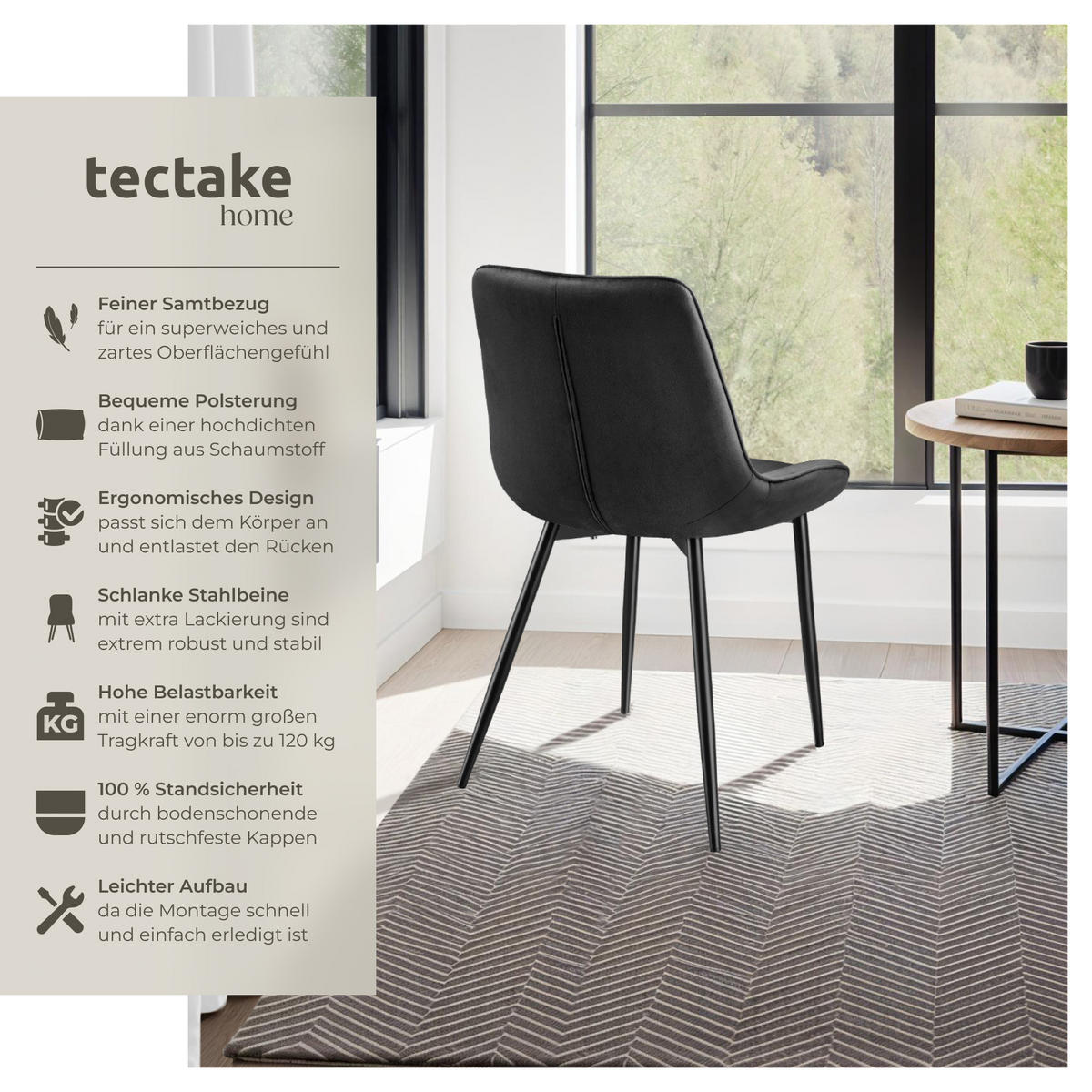 STUHL 6er Set Monroe 48 x 59 x 82 5 cm schwarz - Schwarz, Textil (48/82.5/59cm) - tectake