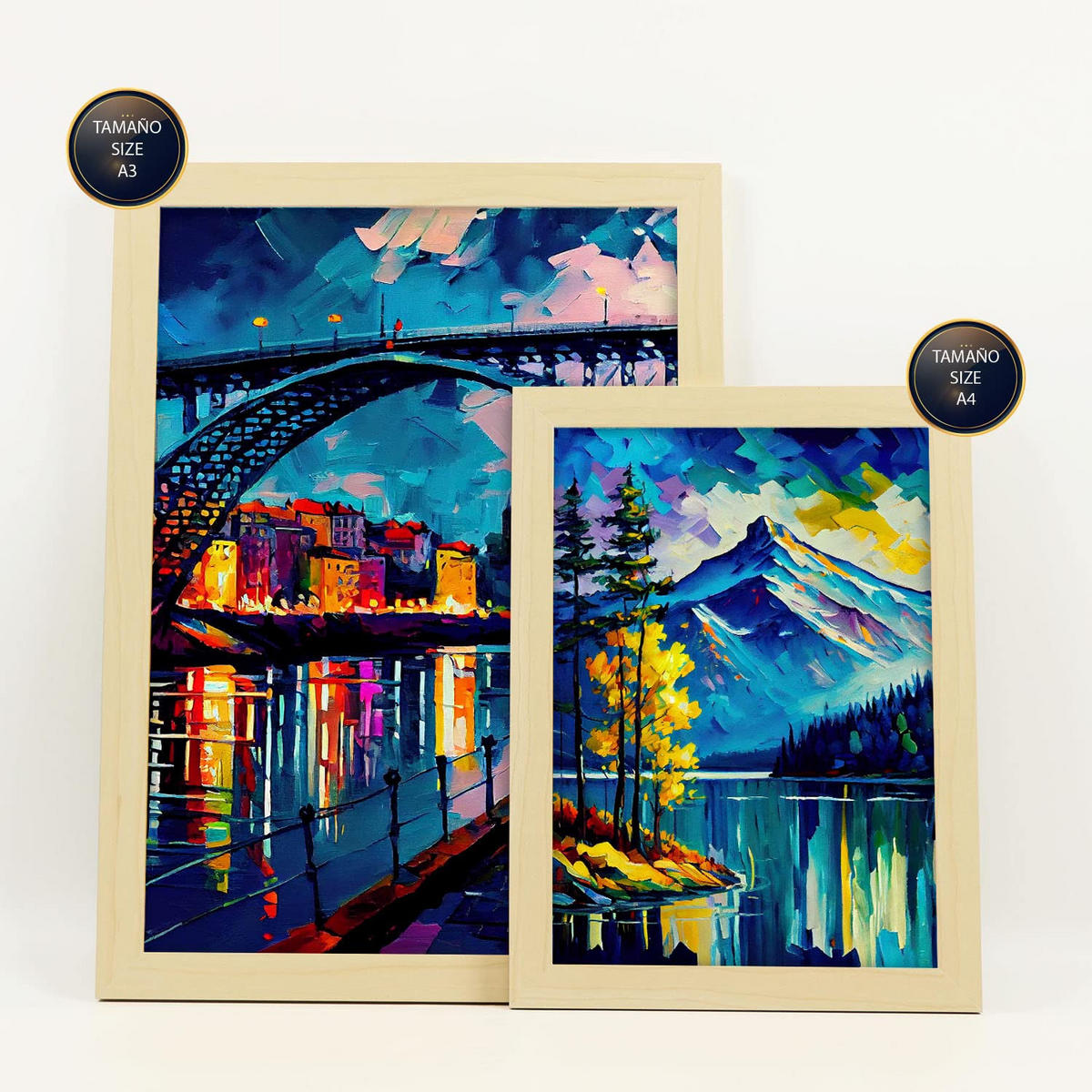 POSTER Set Mit 6 Regenbogen Im Ölgemälde Stil A3 & A4 Rahmen Aus Hellem Holz - Beige, Papier (29/3cm) - Nacnic