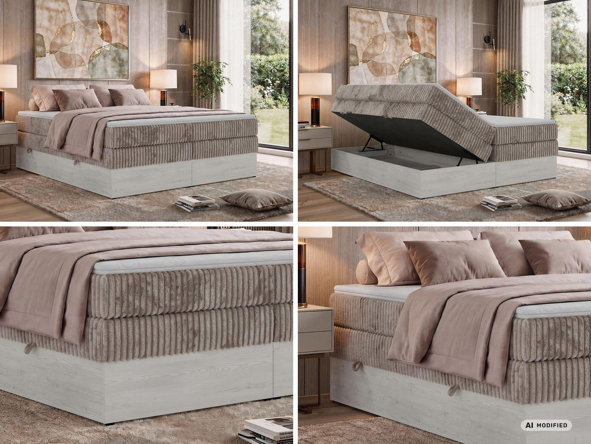 BOXSPRINGBETT NORDIC ZERO KING 200/200 - Hellbraun Cord - Topper T25 - H4 - Hellbraun/Schwarz, Kunststoff/Textil (200/200cm) - MKS