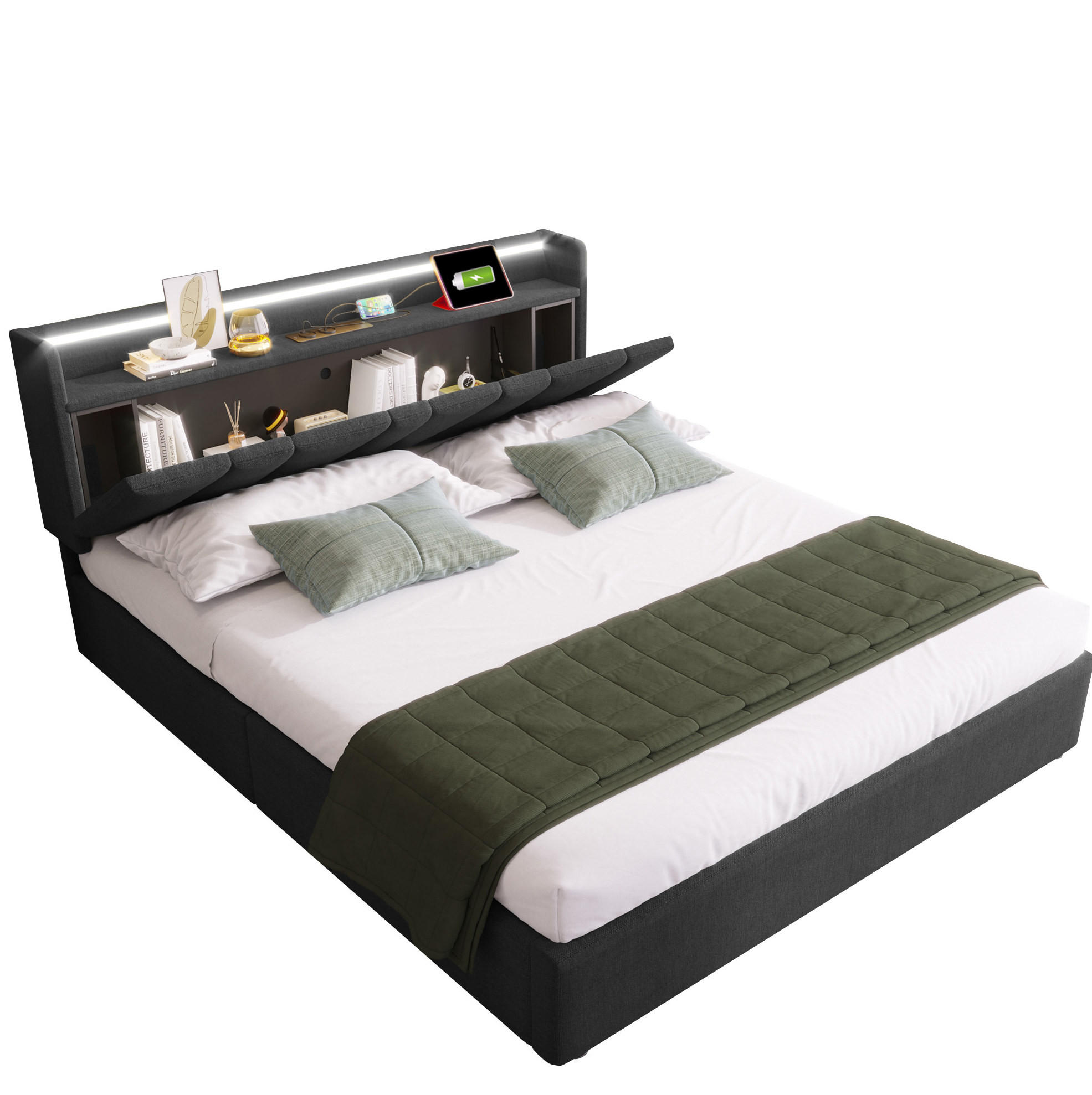 POLSTERBETT mit LED-Beleuchtung 160/200 cm mit Stauraum-Kopfteil & USB - Grau, Textil (160/200cm) - BEAOK