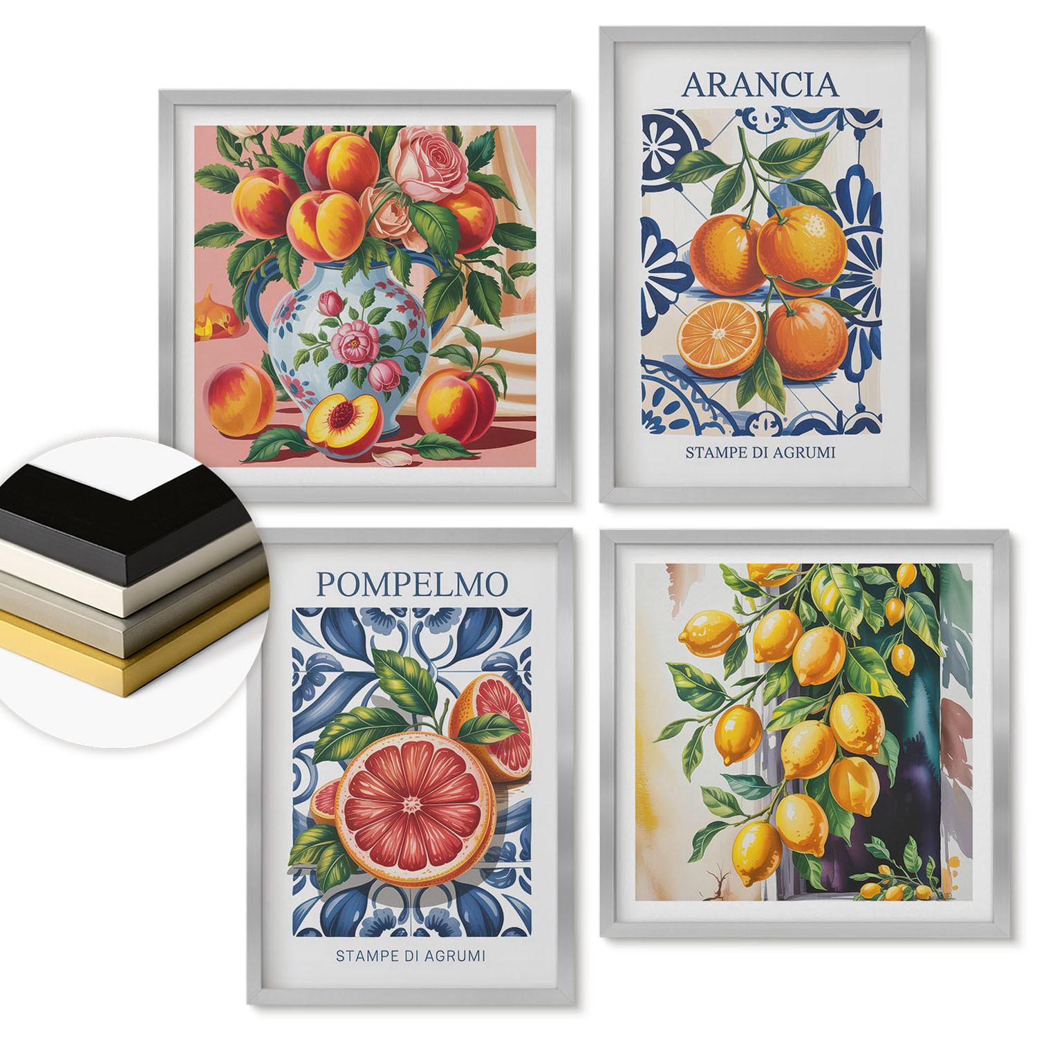 WANDBILDER 4er Set - 50x50 cm & 40x60 cm Silberner Rahmen - Italienische Zitrus-Modeplakate - Silberfarben, Kunststoff (50/50cm) - ArtPrintCave