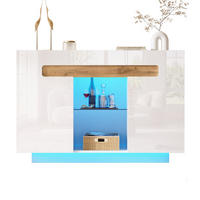 SIDEBOARD LED s vysokolesklými čely, skleněnou policí a ochranou proti převrácení, Bílá/přírodní dřevo, kompaktní rozměry 120/35/80 cm - bílá, kompozitní dřevo/sklo (120/80/40cm) - EVRYAE