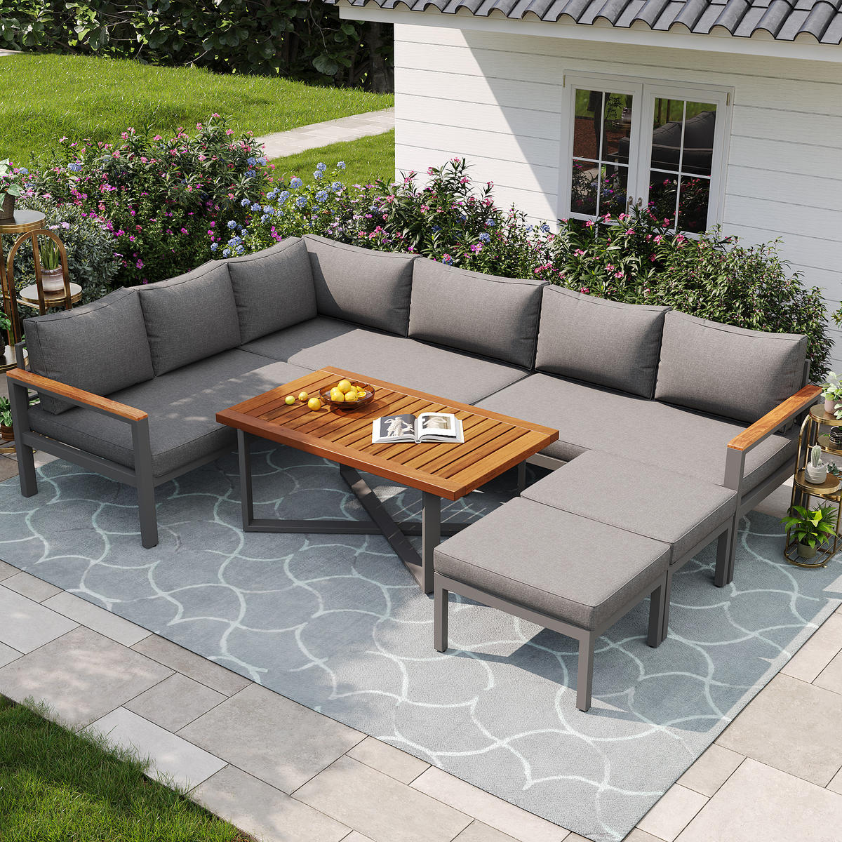 GARTENLOUNGE-SET 114/60/78,5 cm dunkelgrau aus Metall und Polyester mit Tisch - Grau, Metall - OKWISH