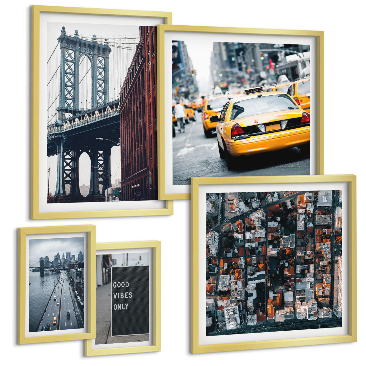 BILDER SET 5er Set - 50x50 cm & 20x30 cm & 40x60 cm Goldrahmen - Brückenstadt-Inschriften aus der Vogelperspektive - Goldfarben, Kunststoff (40/60cm) - TULUP