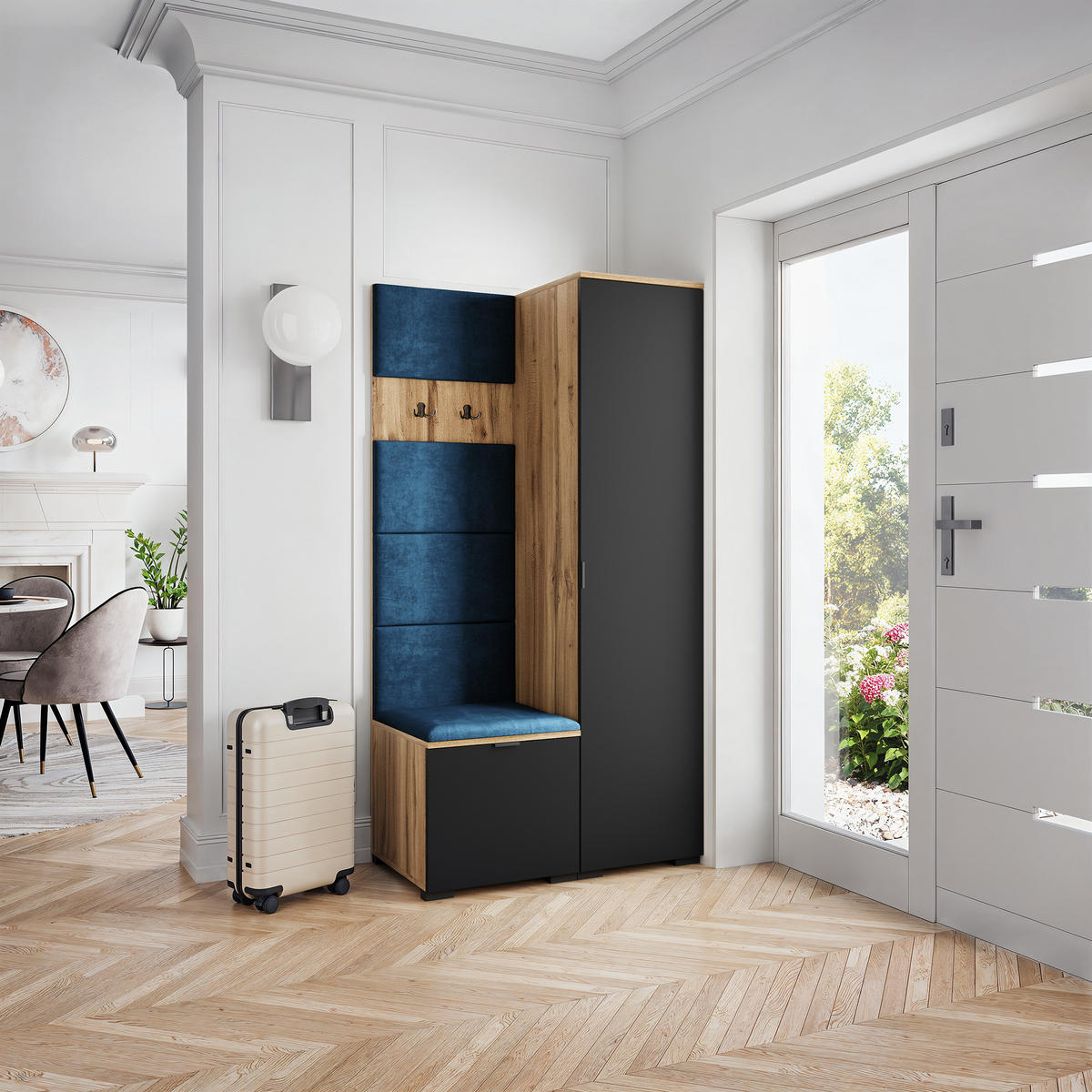 GARDEROBENSCHRANK LORI 95/181/51 cm Modern Garderobe-Set Eiche Wotan - Blau/Eiche Wotan, Holzwerkstoff (95/181/51cm) - MASSENO