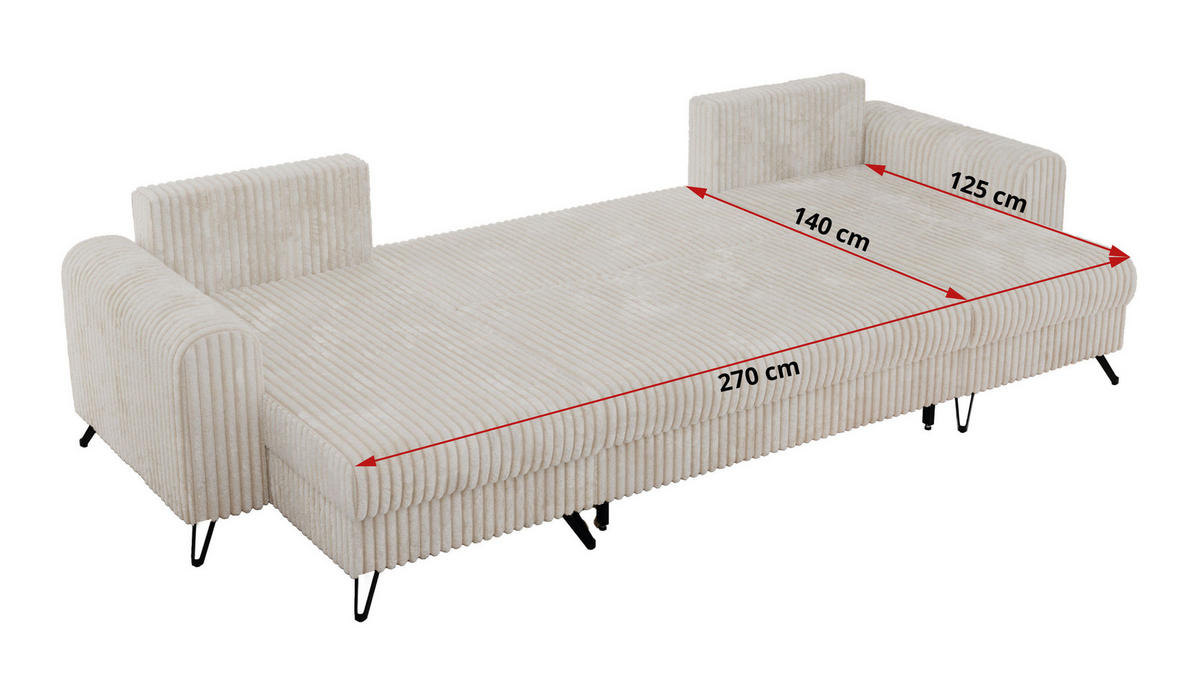 WOHNLANDSCHAFT AXEL U Cord Beige - Beige/Schwarz, Textil/Metall (312/90/140cm) - MKS