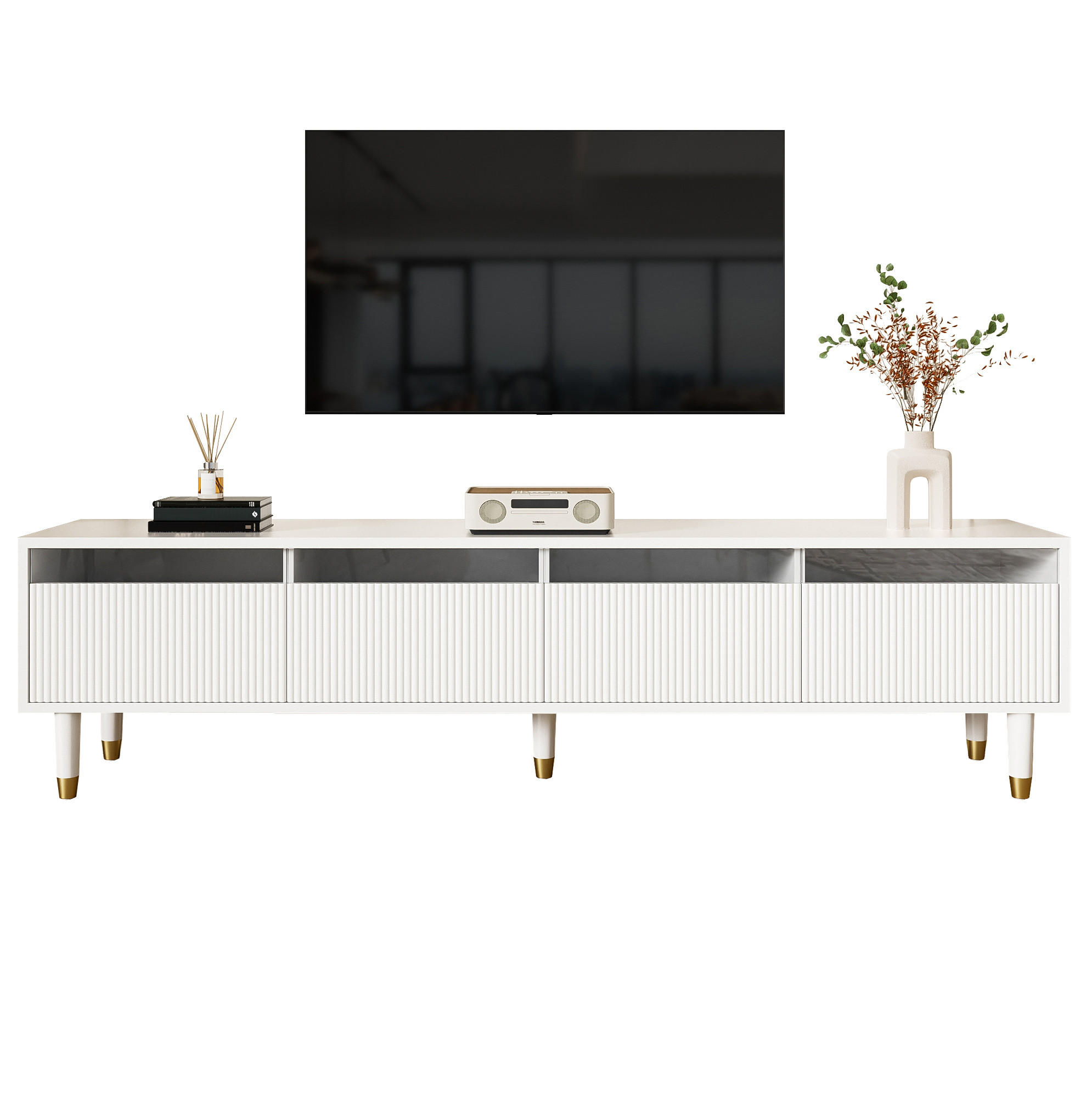 OKWISH TV stolek 178/35/45 cm bílý z MDF s 4 zásuvkami a kabelovým vedením