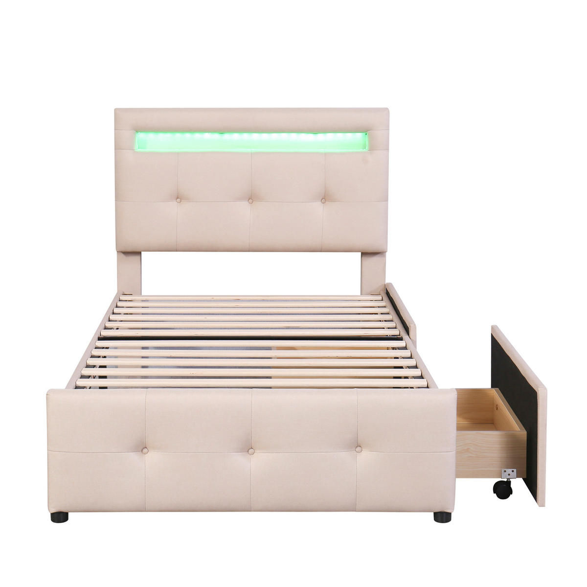 POLSTERBETT 90/200 cm Beige mit LED-Beleuchtung und 2 Schubladen - Beige, Holzwerkstoff (90/200cm) - Flora Grace