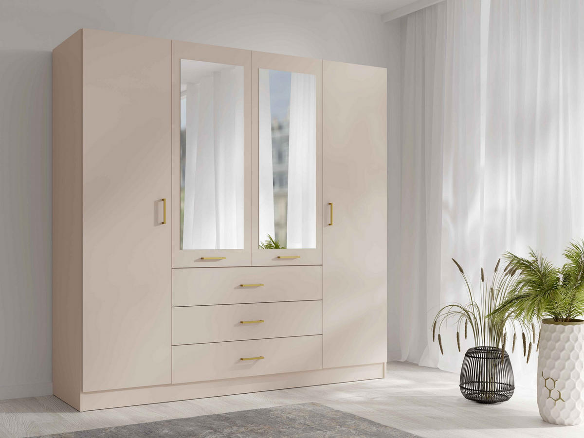 DREHTÜRENSCHRANK NEVARIS 200/200,5/58cm 4-türig mit Spiegel Sandbeige - Sandfarben, Holzwerkstoff (200/200.5/58cm) - MASSENO