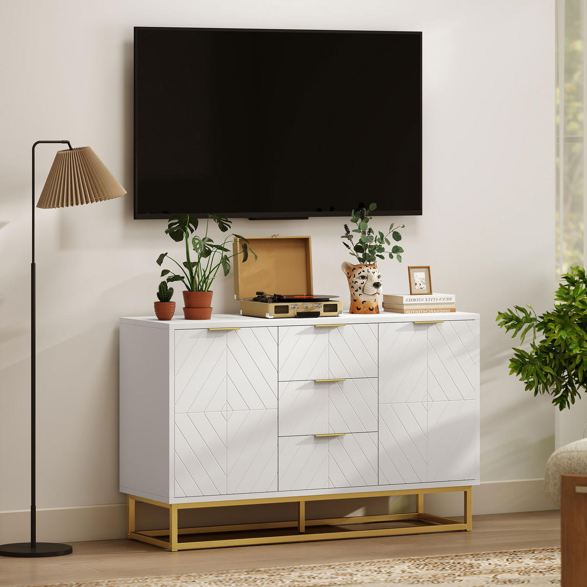 SIDEBOARD Weiß Goldfarben 120/40/76 cm - Weiß, Holz (120/76/40cm) - PANGIVO