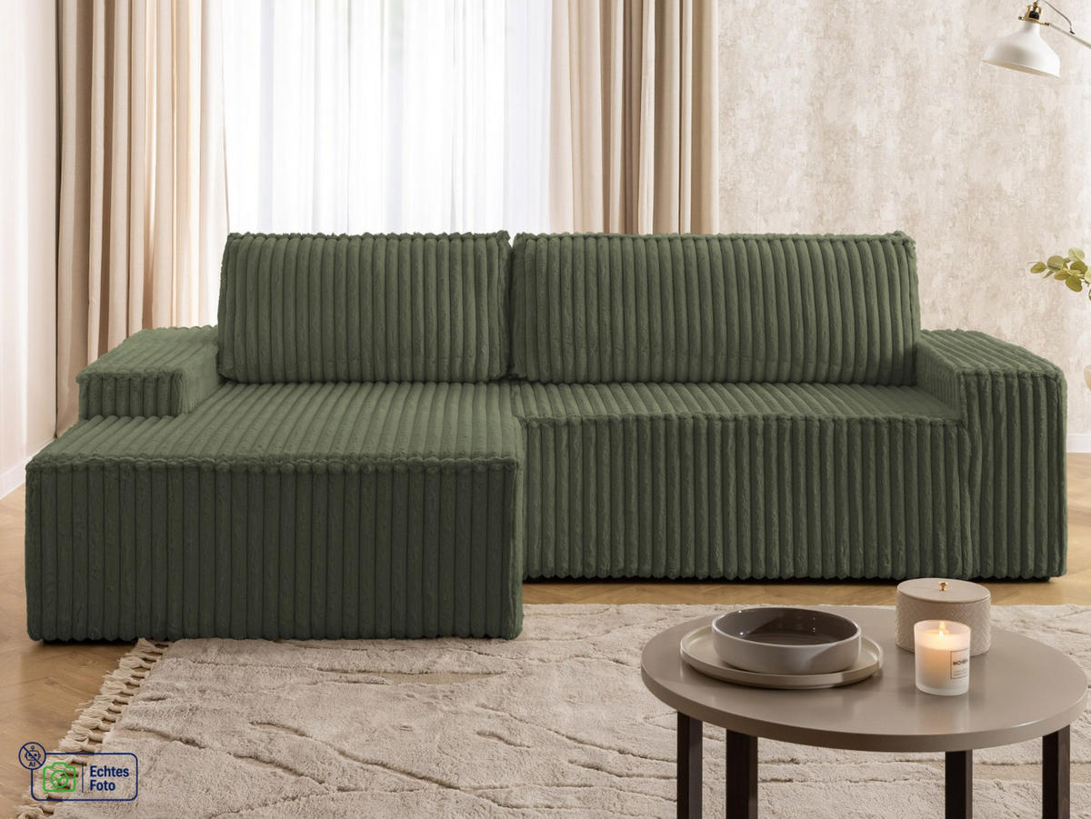 ECKSOFA Rivio mit Schlaffunktion und Bettkasten, Plüschcord Grün - Schwarz/Grün, Holz/Kunststoff (149/262cm) - S-Style