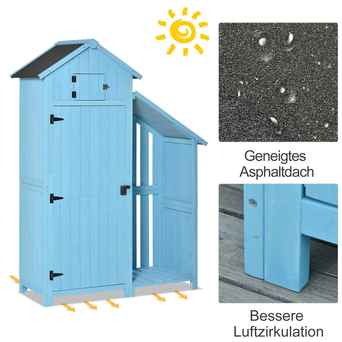 GARTENHAUS Geräteschuppen mit Brennholzlagerraum Asphaltdach, Tannenholz, Himmelblau - Blau, Holz (54/5/130cm) - Outsunny