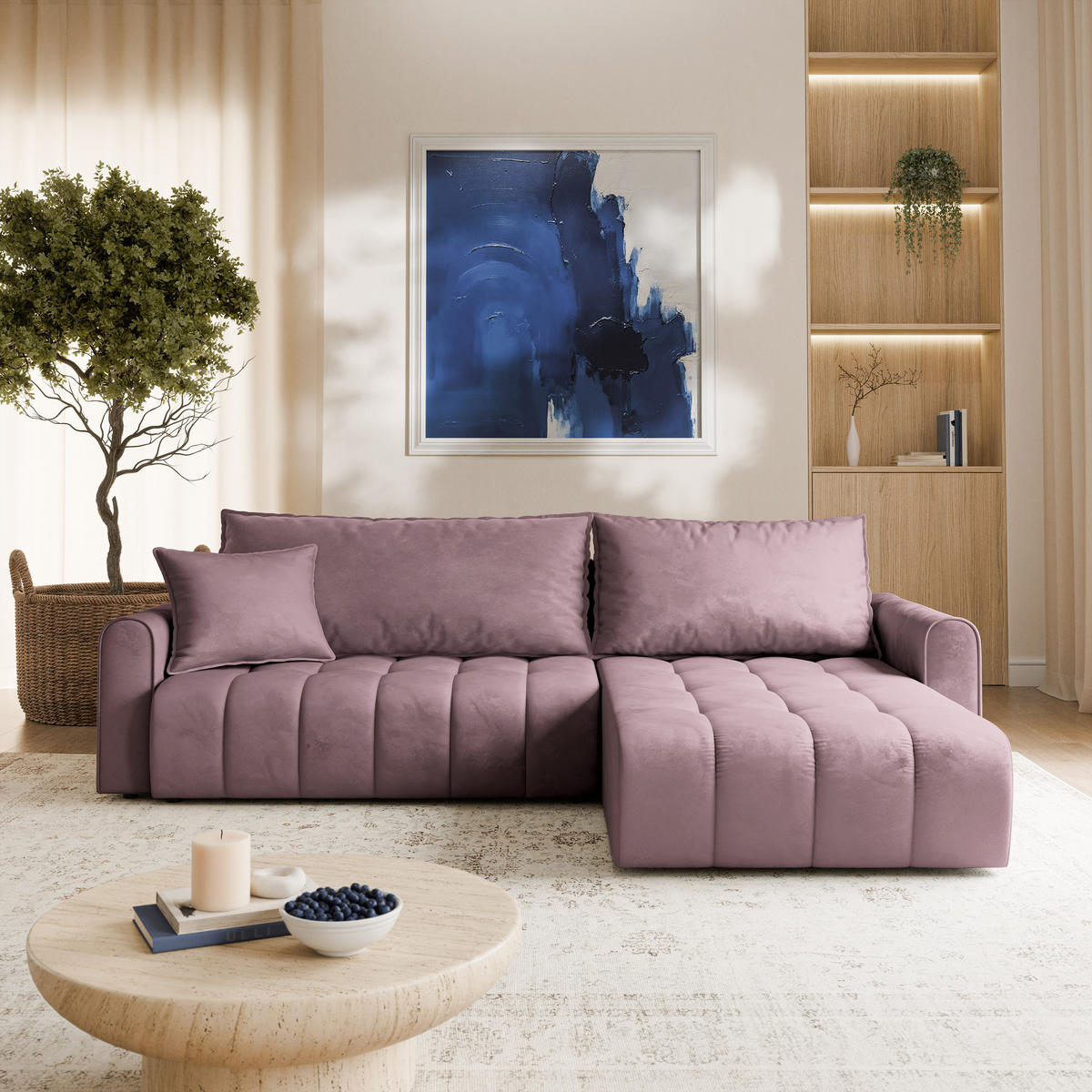 ECKSOFA FRIGA Lila Velours-Stoff mit Schlaffunktion - Lila, Holz (283/185cm) - MASSENO