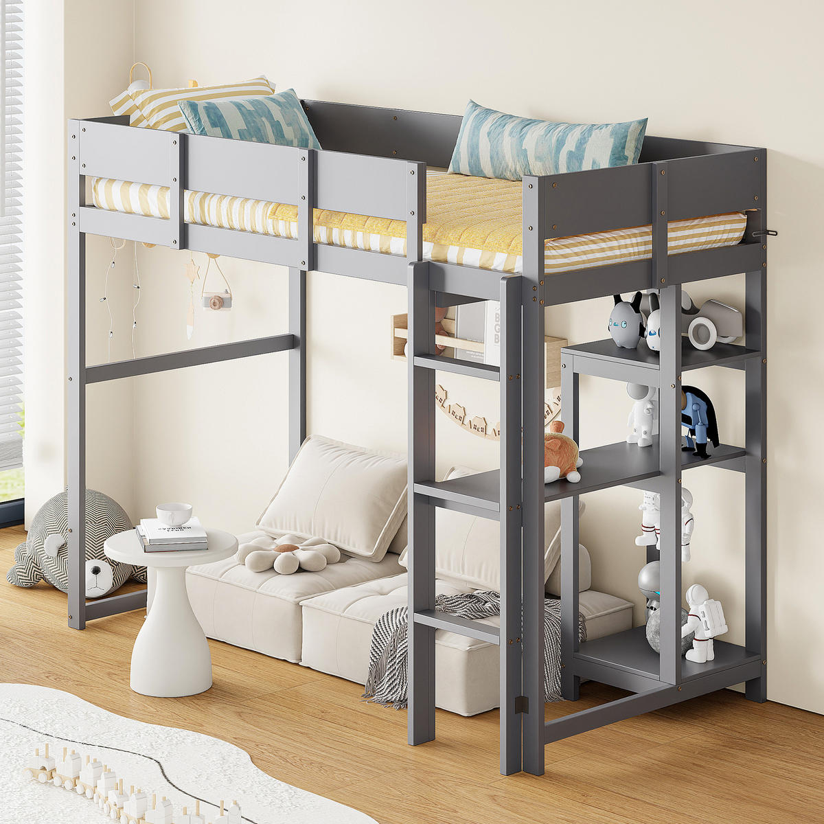 VISOKA postelja 90/200 cm siva z odlagalnim regalom iz masivnega lesa - siva, leseni material (90/200cm) - OKWISH