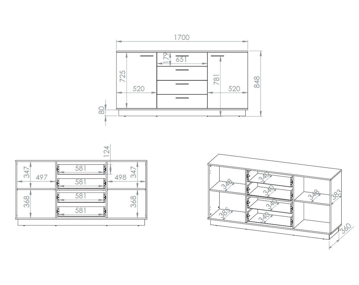 KOMMODE Modesto Eiche Style hell / Schwarz 170 / 40 / 86 cm - Eichefarben/Schwarz, Holz/Holzwerkstoff (170/86/40cm) - Feldmann-Wohnen