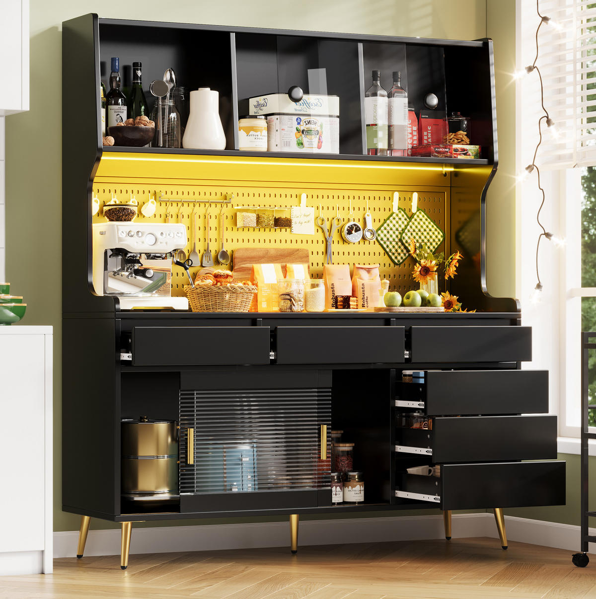 BUFFET 145/39/171 cm aus MDF und Glas mit LED-Beleuchtung und Schiebetüren Schwarz - Schwarz, Holzwerkstoff (145/171/39cm) - Modenvie