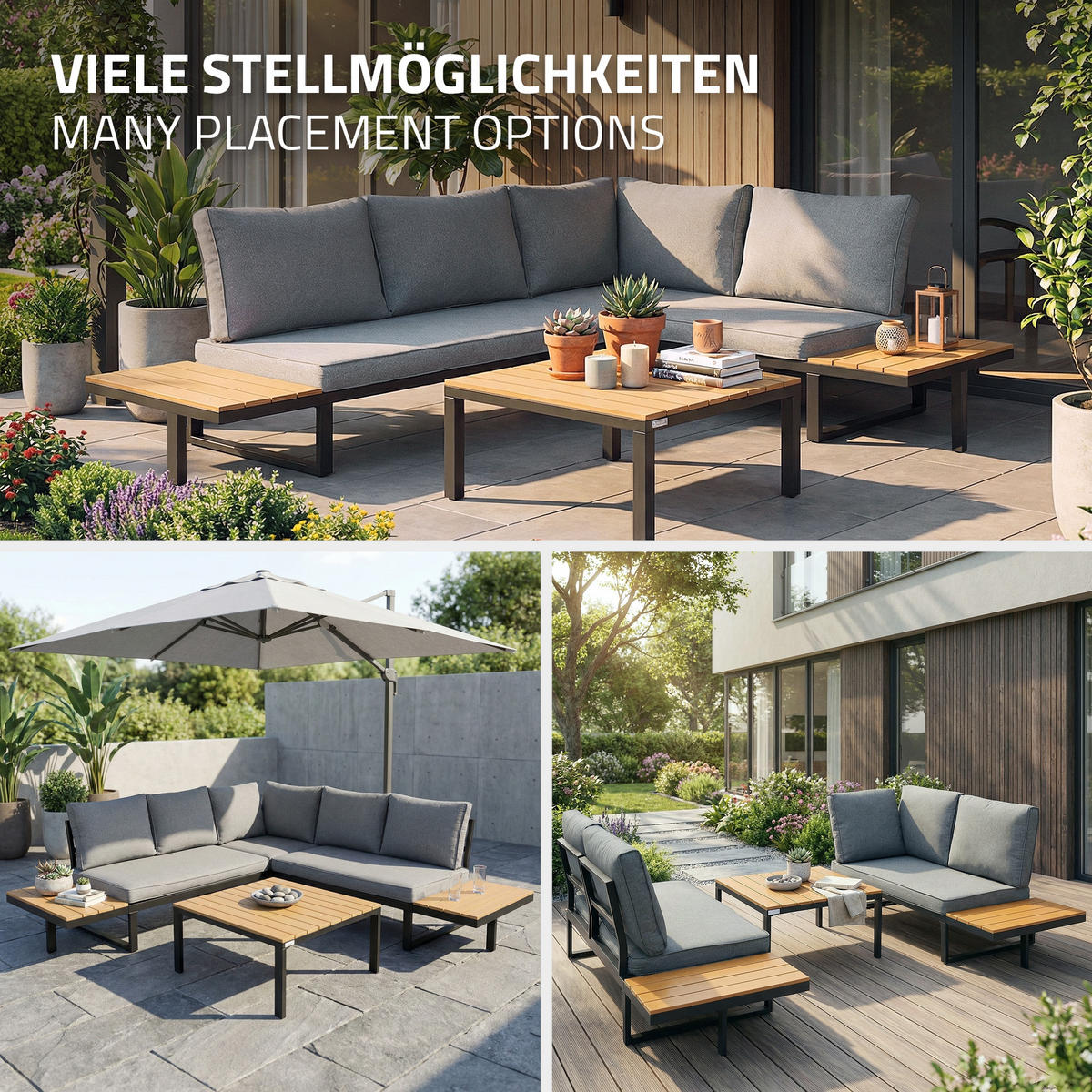 GARTENMÖBEL SET 3 tlg in Grau-Holzoptik mit Stahlgestell - Braun/Grau, Textil/Metall - ML-DESIGN
