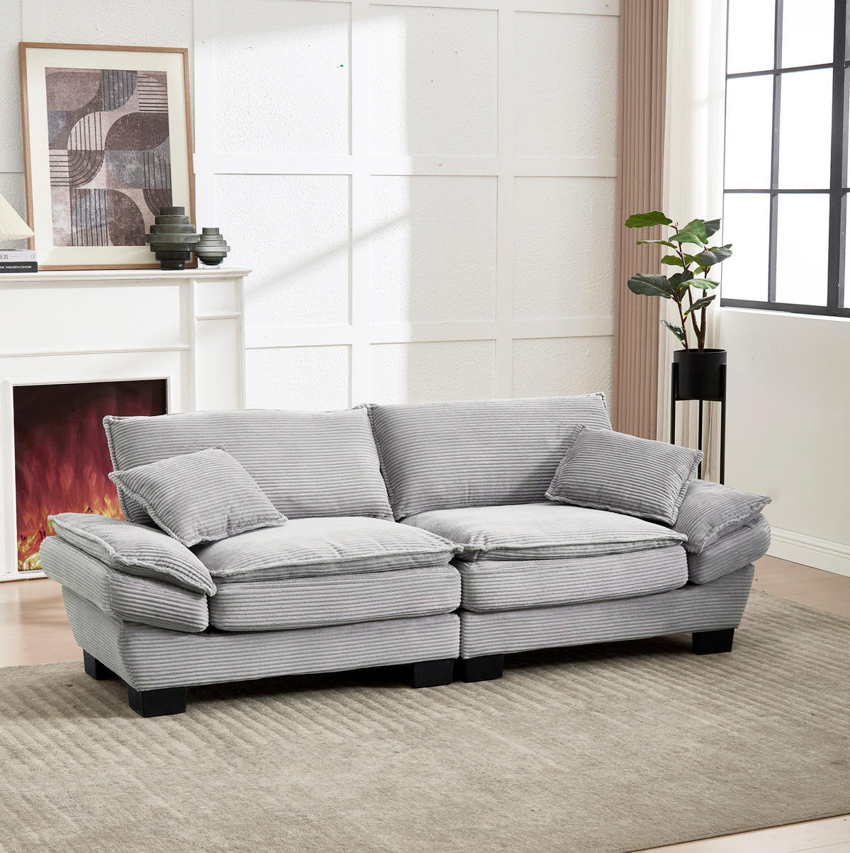 2-SITZER Sofa Samt mit extra tiefem Sitz und Kissen 224/81/81 cm Hellgrau - Hellgrau, Textil (81/224/81cm) - Redom