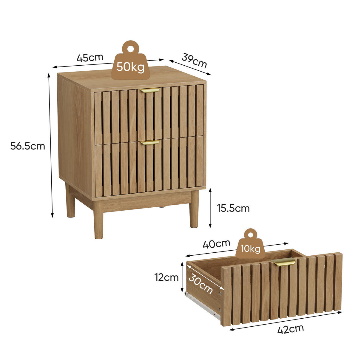NACHTTISCH eichen-optik & latten-design mit 2 schubladen & goldgriffen - Eichefarben, Holzwerkstoff (45/56.5/39cm) - Urban Meuble