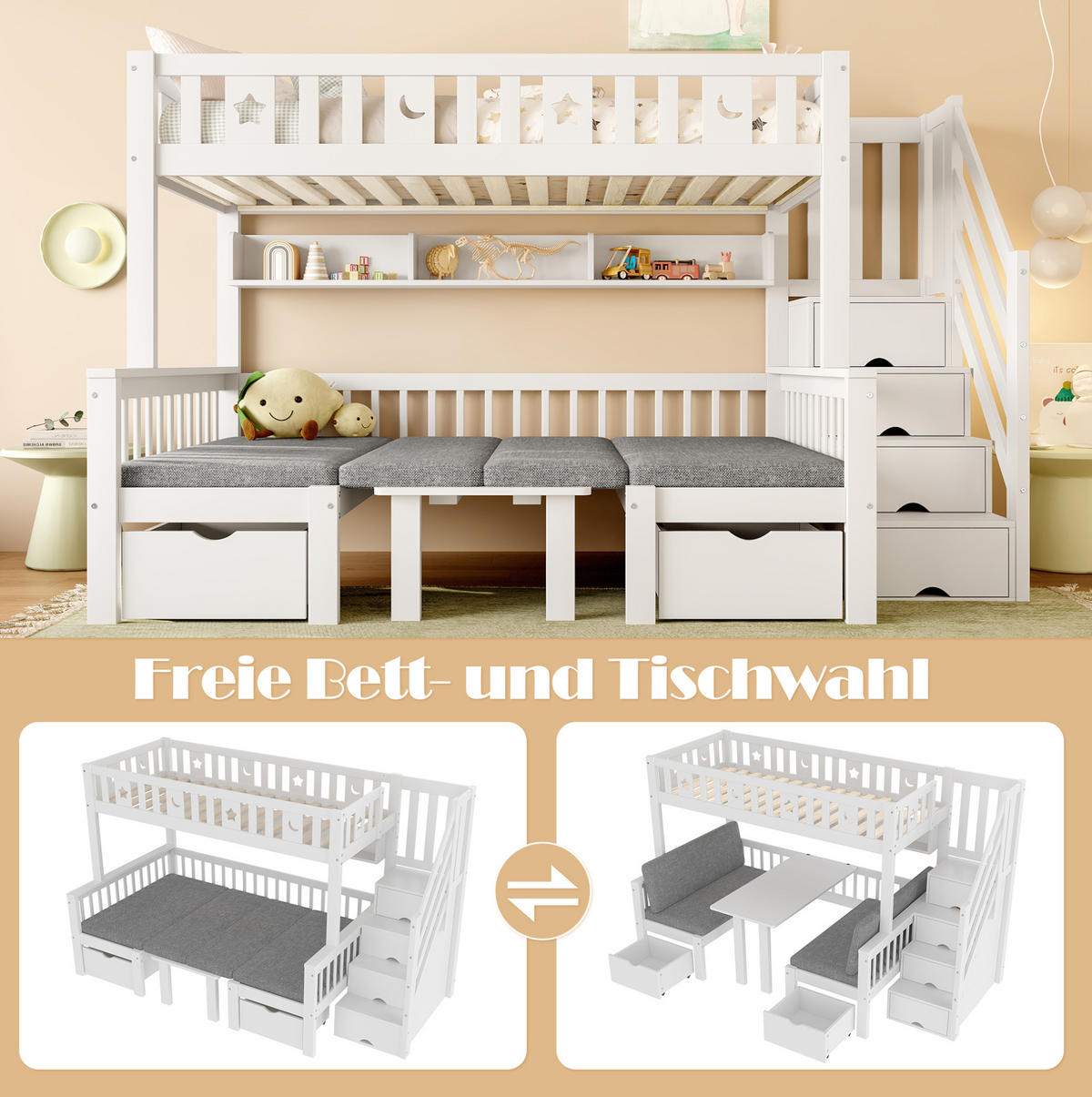 HOCHBETT 2-in-1 mit Klapptisch, Stauraumleiter, weiß, 90/200 cm - Weiß, Holz (90/200cm) - MIVRAY
