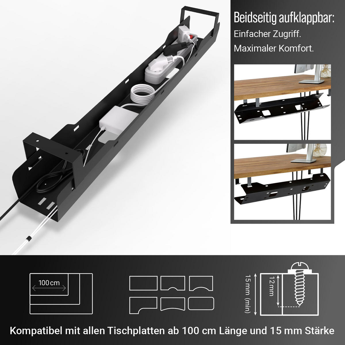 KABELWANNE Schreibtisch - Kabelmanagement, schwarz - Schwarz, Metall (90/10.8/13cm) - Ultimate Setup
