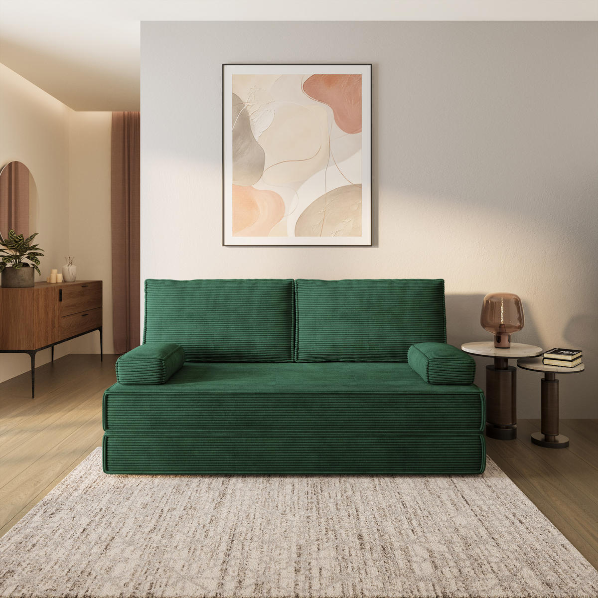 BETTSOFA SILAR aus Schaumstoff Cordstoff Grün Schlaffunktion - Grün, Textil (170/86/80cm) - MASSENO