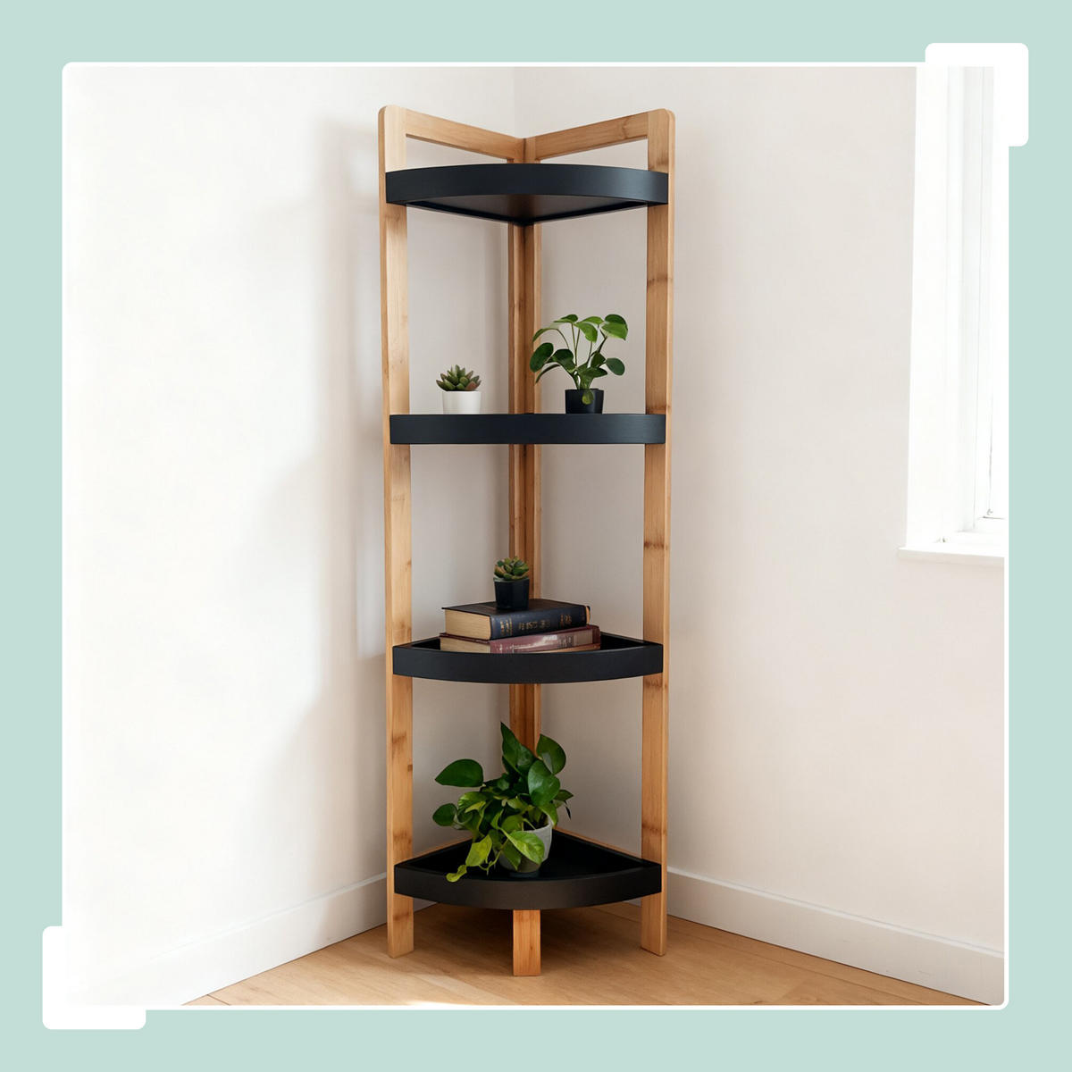 ECKREGAL Natur-Schwarz Bambus 4 Ablagen 105,5 cm - Schwarz/Naturfarben, Holz/Holzwerkstoff (23/105.5/23cm) - Relaxdays