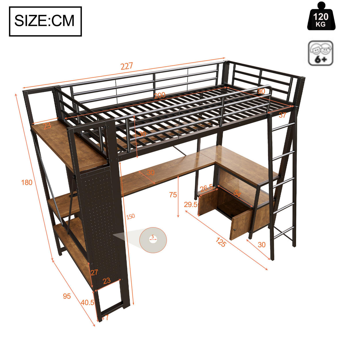 HOCHBETT 90/200 cm Schwarz aus Metall mit Schreibtisch und Stauraum - Schwarz, Metall (90/200cm) - OKMYHOME