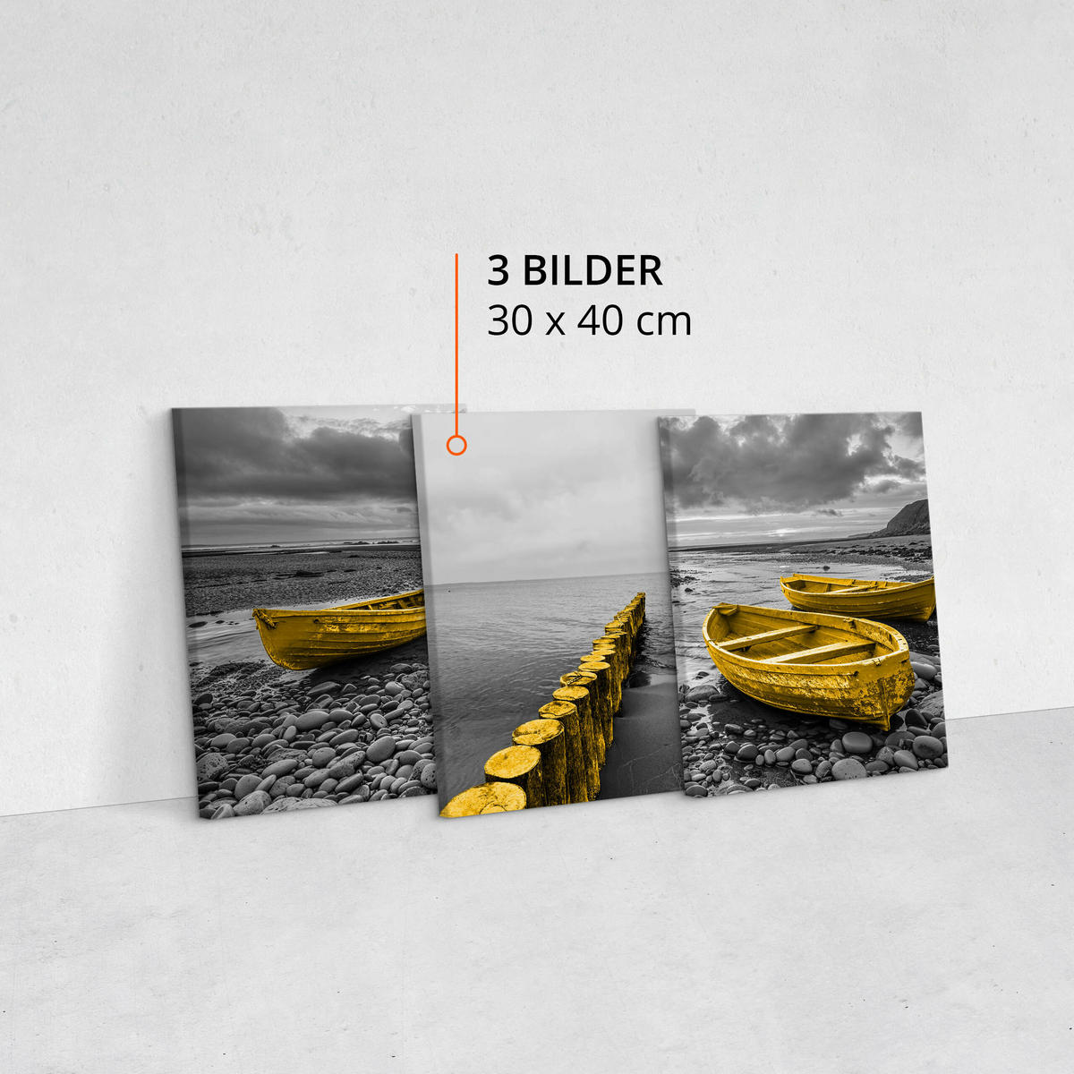LEINWANDBILDER 3-es Set Boote Meer 3D - Gelb/Schwarz, Textil (90/40cm) - Muralo