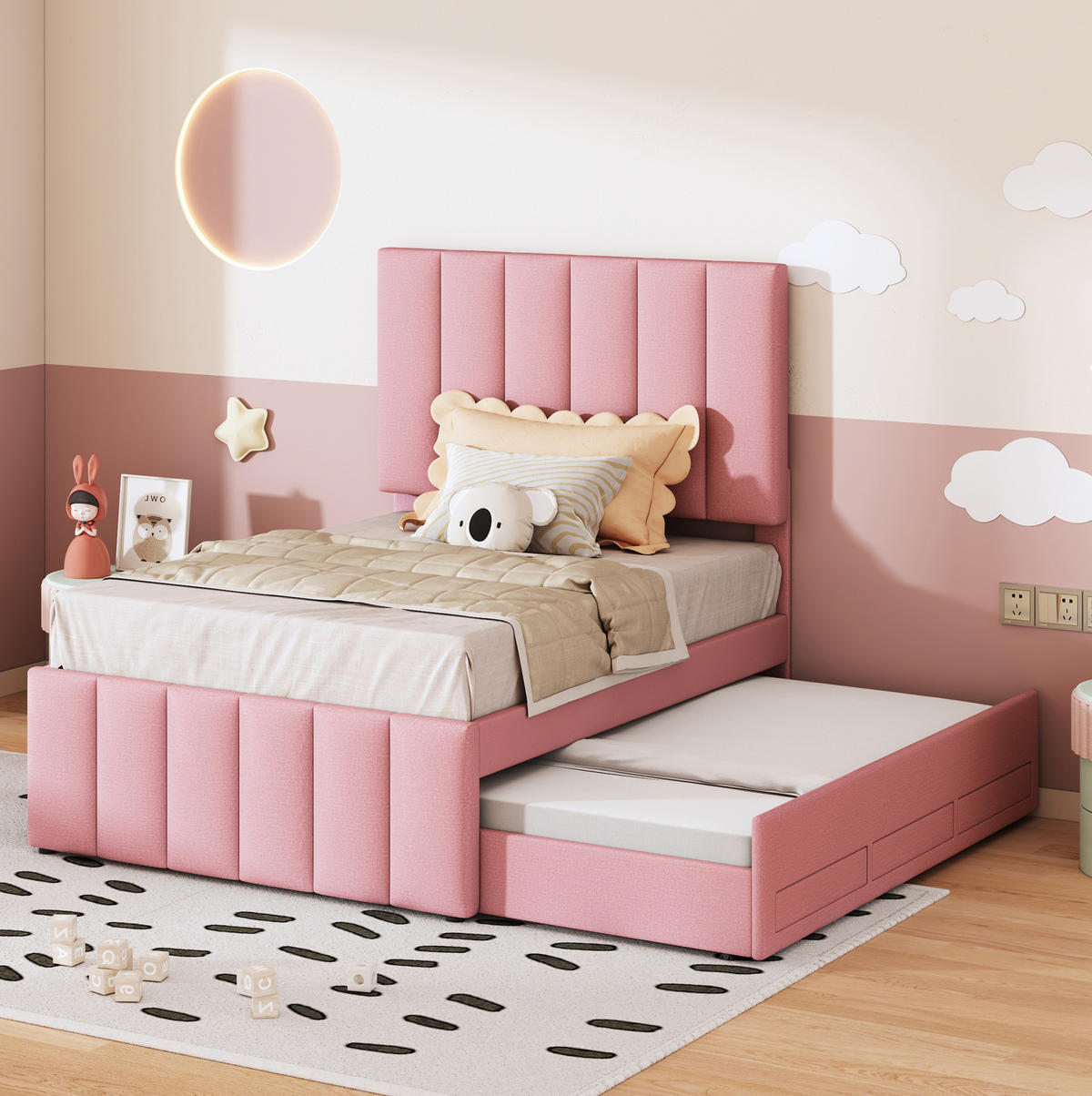 POLSTERBETT 90x200 cm Rosa mit Ausziehbett, 3 Schubladen und verstellbarem Kopfteil - Rosa, Textil (90/200cm) - IVMEU