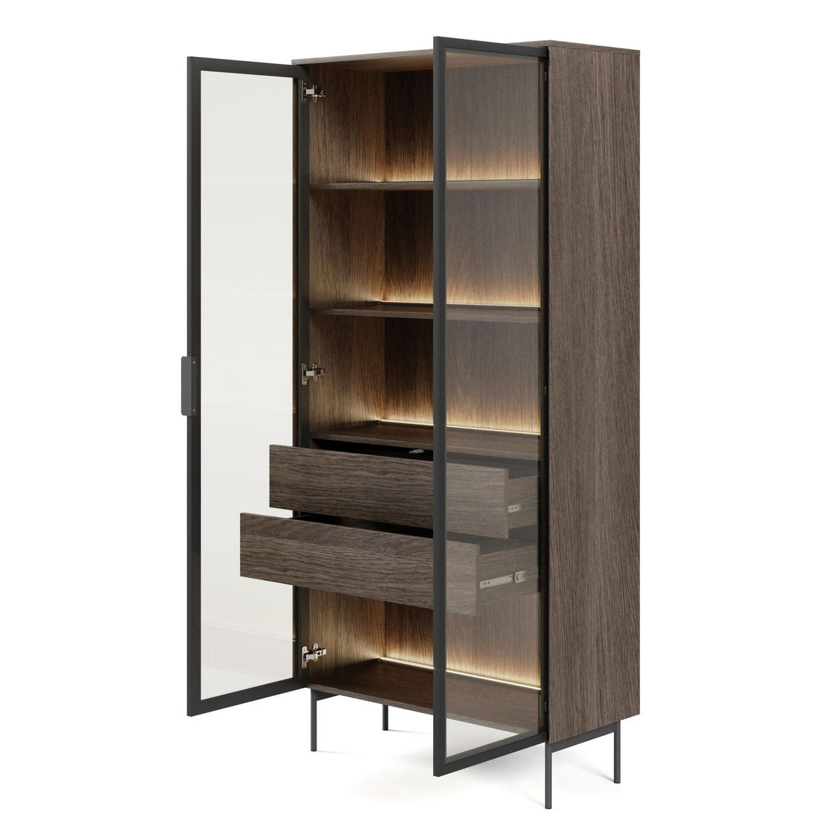 VITRINE Lumi mit LED Eiche Dunin 91 cm - Dunkelbraun/Schwarz, Holzwerkstoff/Metall (91.5/194.6/39.3cm) - Selsey