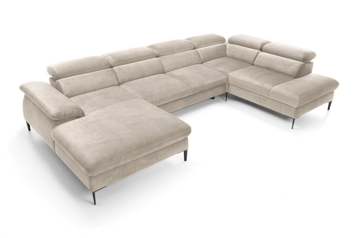 WOHNLANDSCHAFT MESTO Creme Velours-Stoff mit Schlaffunktion - Creme, Holz (353/94/182cm) - MASSENO