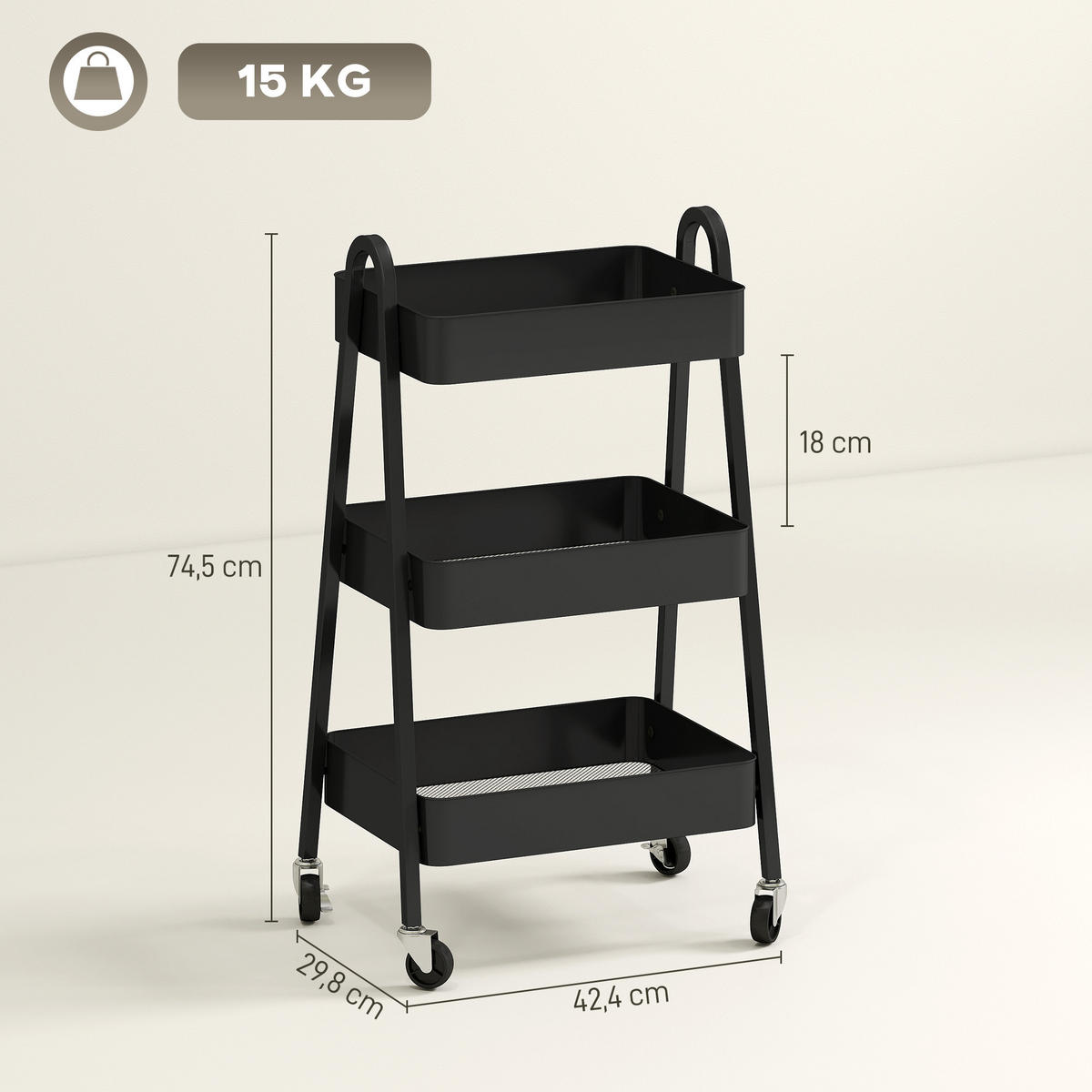 SERVIERWAGEN mit 3 Ebenen Küchenwagen mit Rollen Griff Rollwagen mit Bremse - Schwarz, Metall (29.8/74.5/42.4cm) - HOMCOM