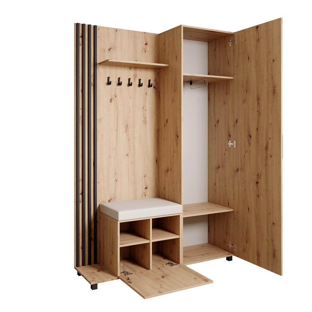 GARDEROBENSCHRANK Livia mit Aufhängern und Spiegel, eiche Artisan, links - Schwarz/Eiche Artisan, Holzwerkstoff (137/207/42cm) - Beautysofa